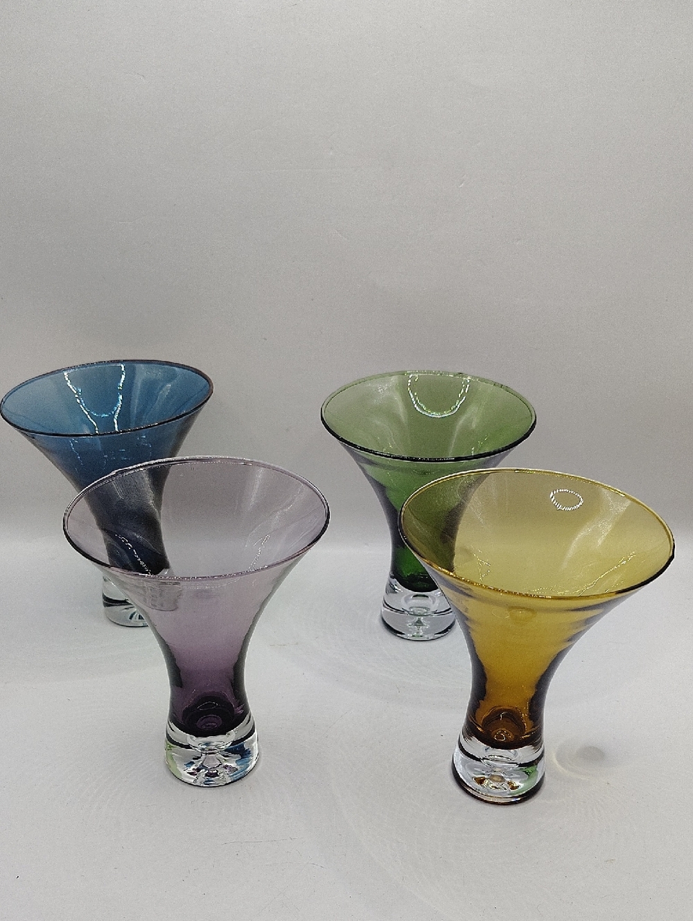 Vintage Set Of 4 Artland Jewel Tone Martini Wine Glasses Bubble Base